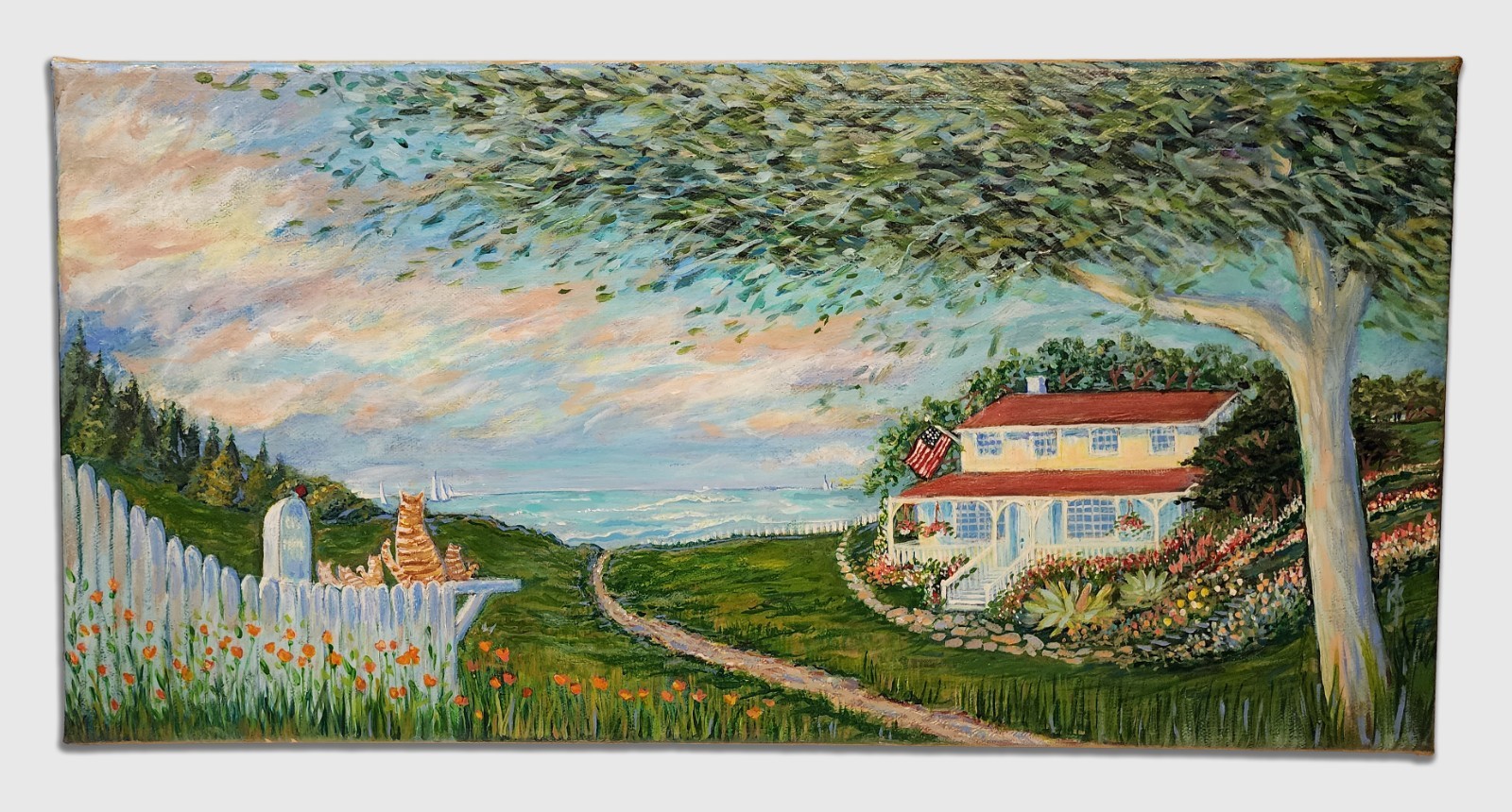 Vintage Original K. Speny Oil Painting «By The Sea» Beachfront Landscape 10″x20″