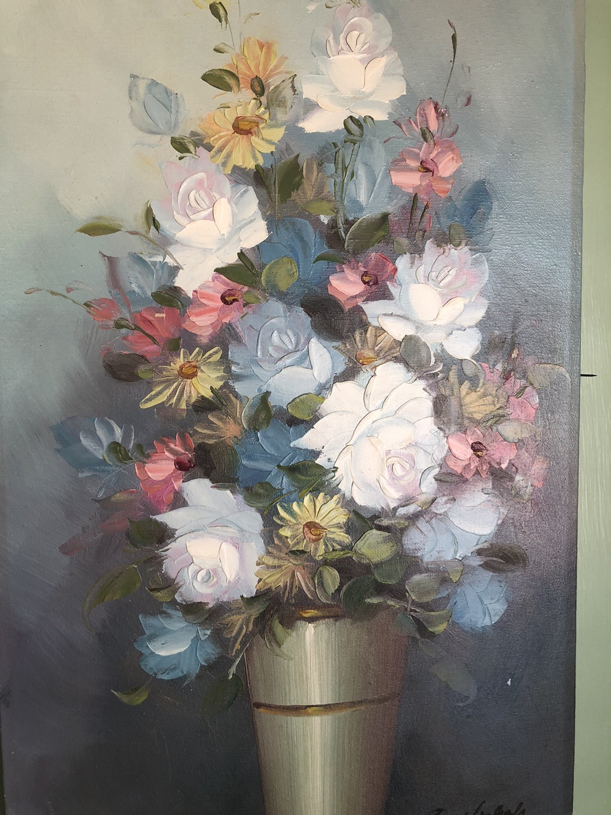 C Nichols Flower Painting Canvas 24×12” Impasto Multi Color Flowers In Vase