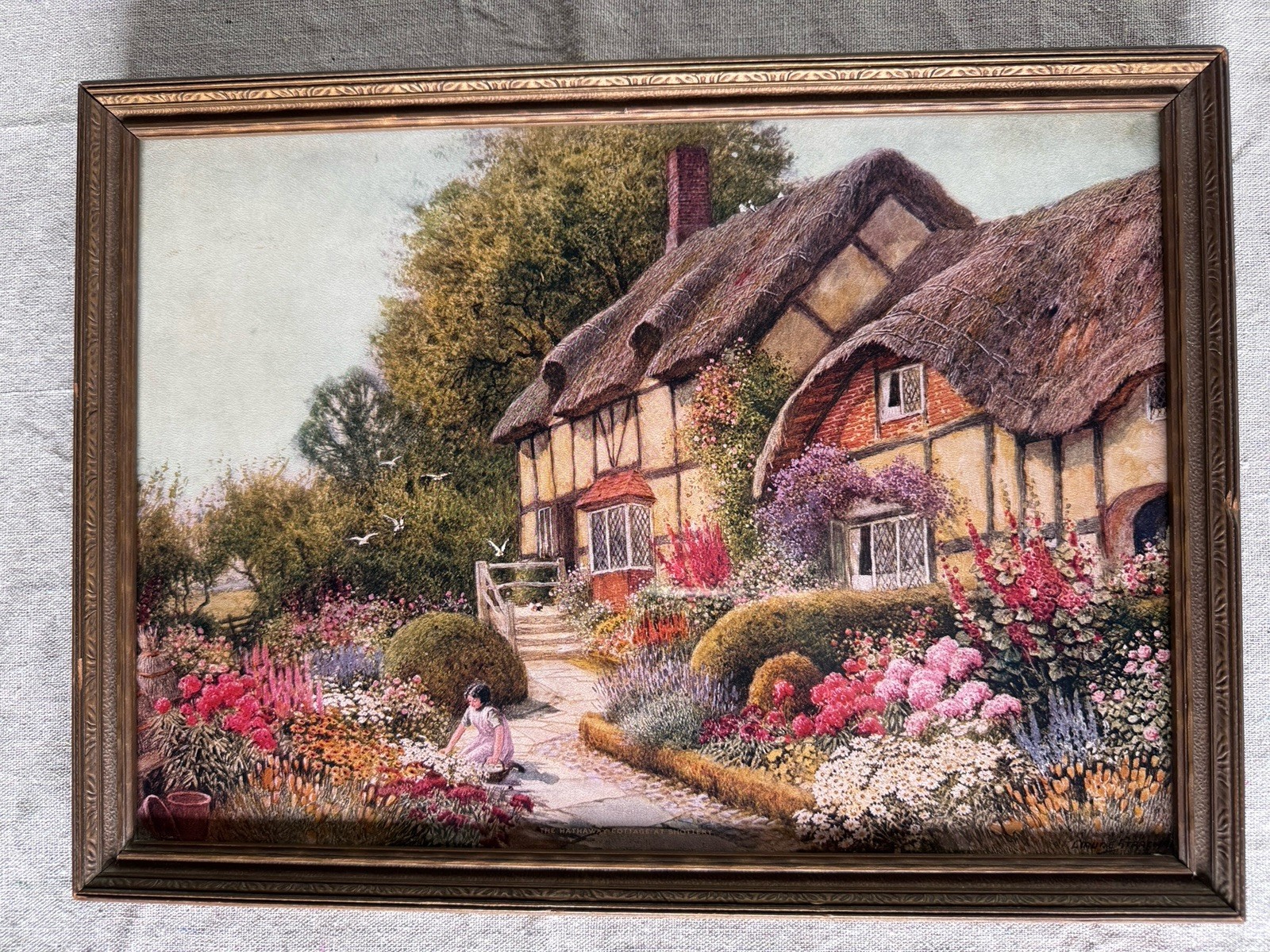 Vintage Hathaway Cottage Lithograph Print signed by Arthur Claude Strachan