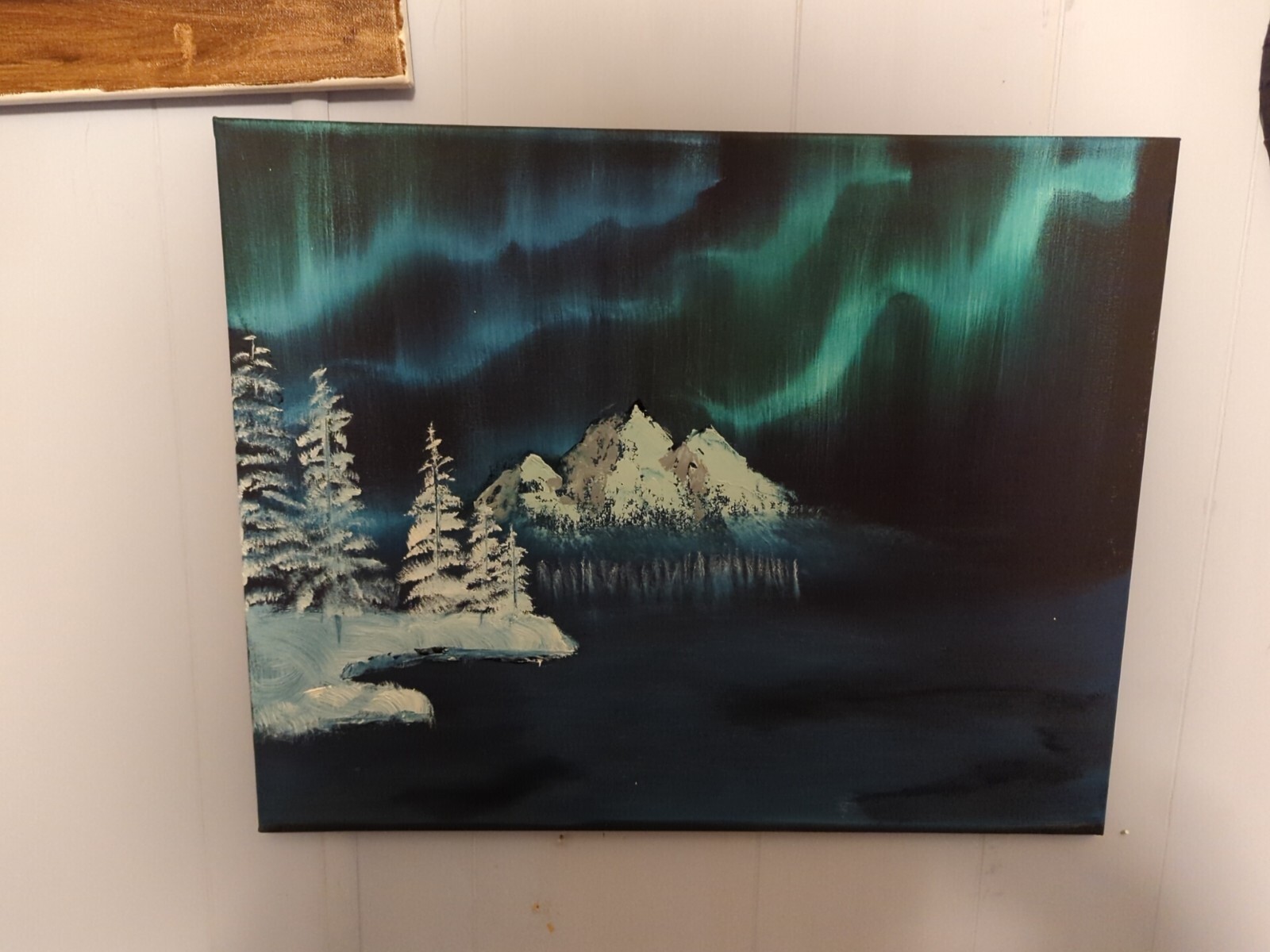 BOB ROSS STYLE OIL PAINTING- WINTER AURORA BOREALIS SKY