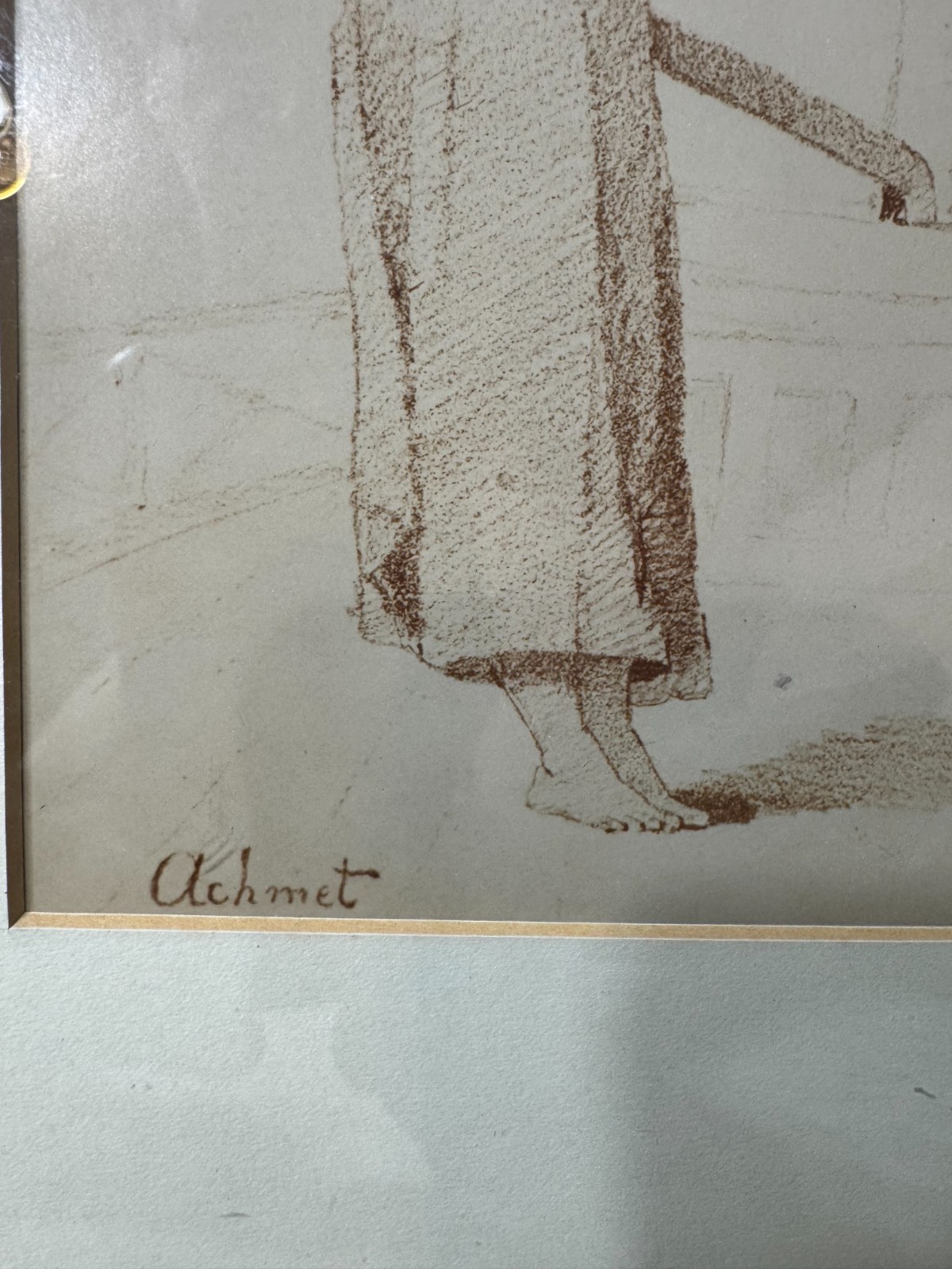Vintage Figure Study Drawing Signed Achmet Framed Behind Glass Sepia Sketch