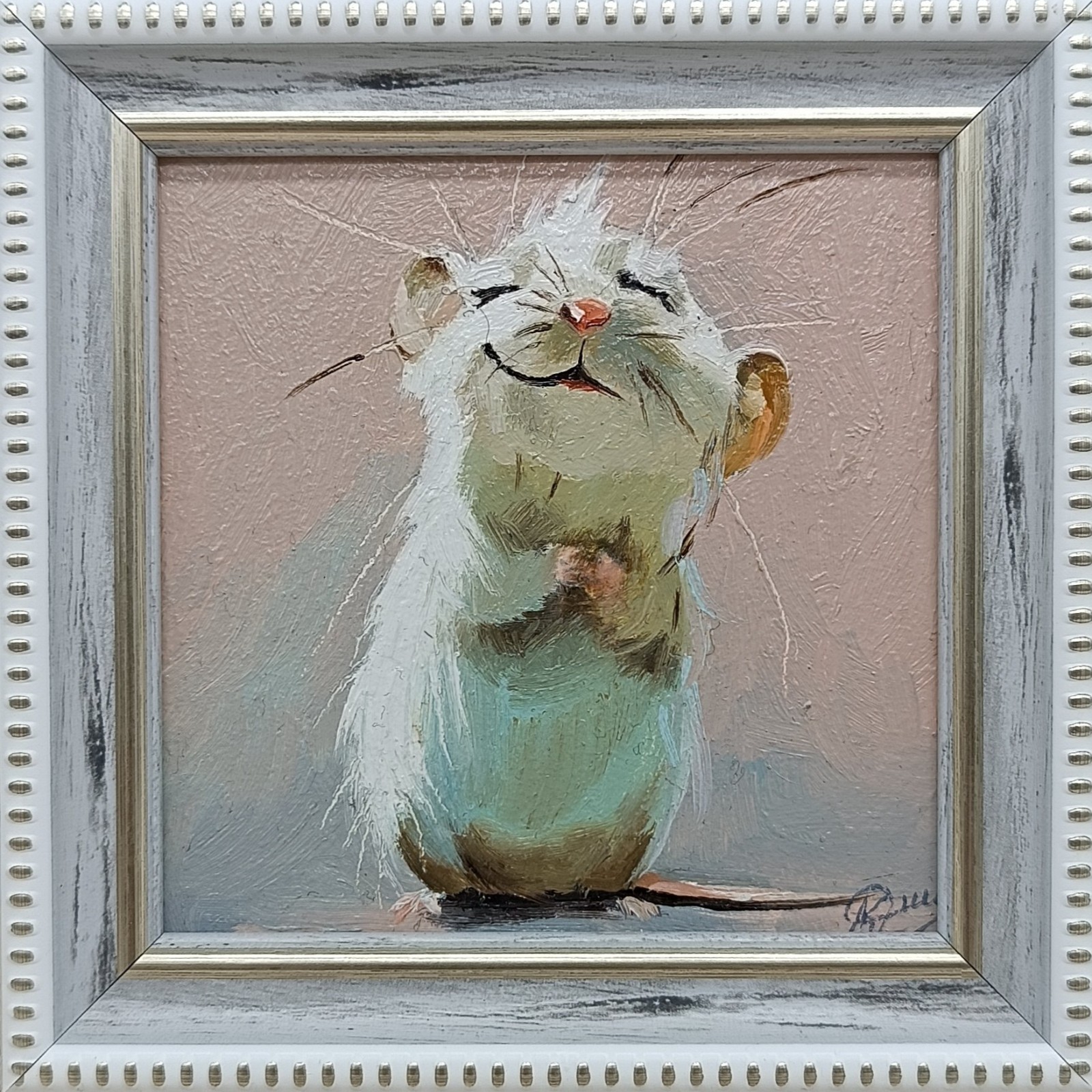 Original oil painting signed framed 4×4 inches Mouse