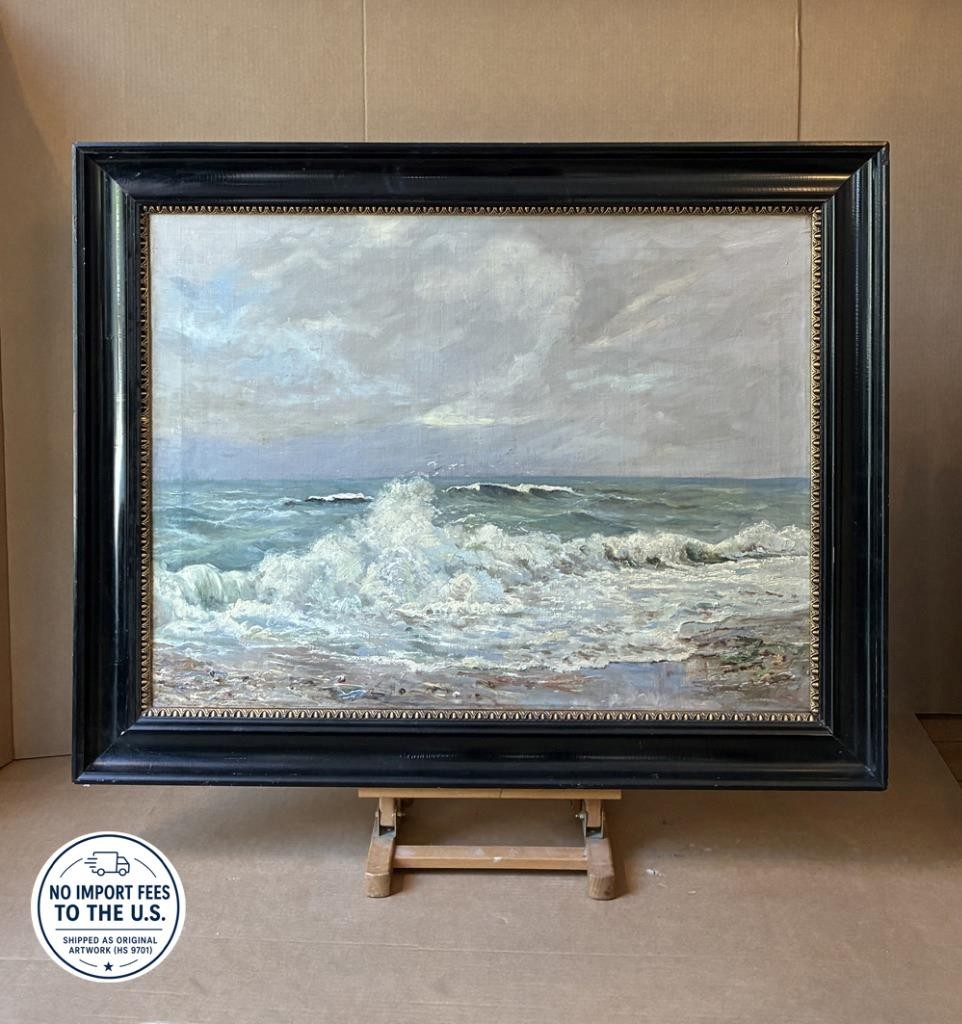 Harald Pryn (1891) Breaking Waves, North Zealand Coast. C.1920s. Large Oil. COA