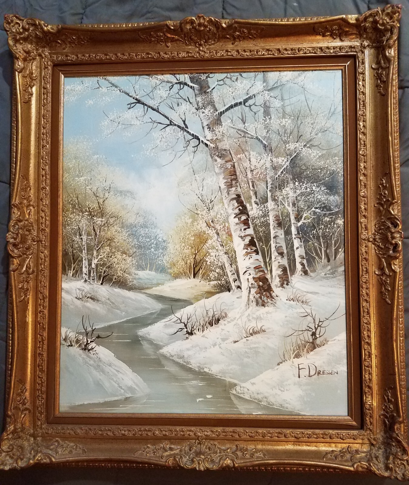 VTG Original Oil on Canvas Painting by F. Dressen Winter Landscape Signed #11537