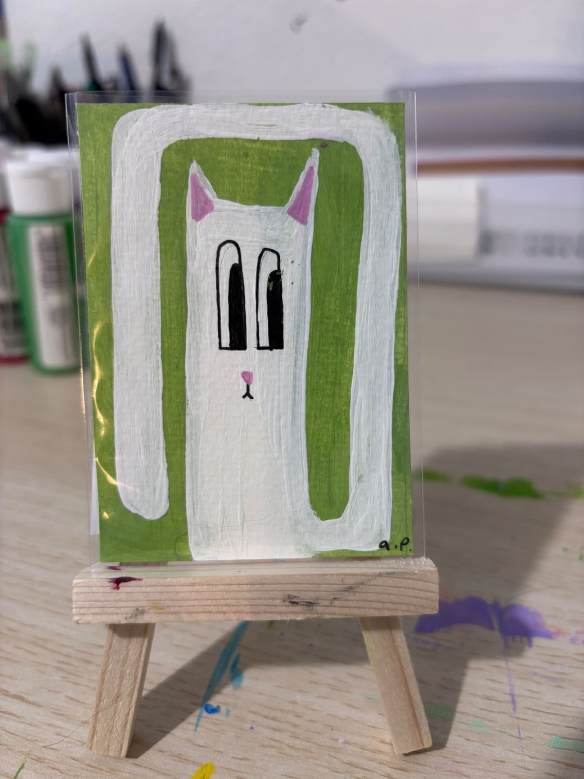 ACEO Original Art, Abstract Cat, Acrylic Painting, 2.5 x 3.5 in