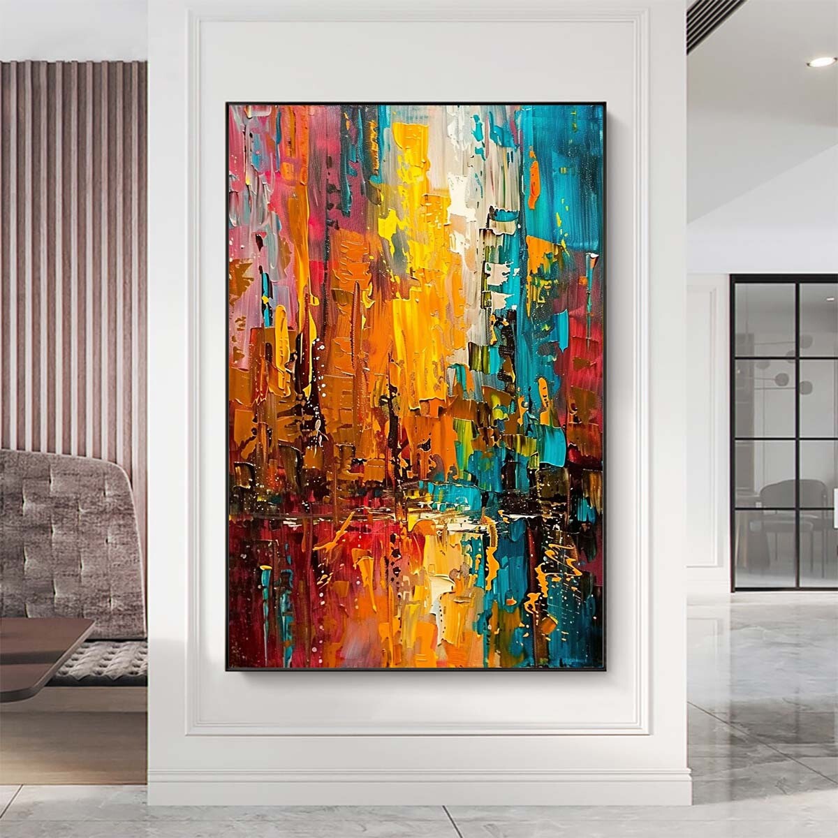 Hand-Painted Oil Painting on canvas Modern Orange Wall Art Abstract streetscape