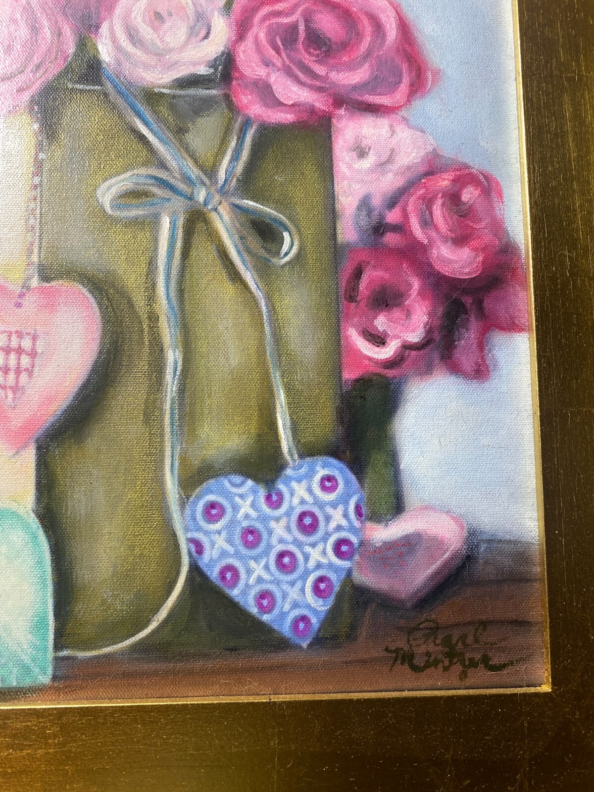 Pearl Mintzer «Hearts And Flowers Scene» Oil Painting – Signed And Framed