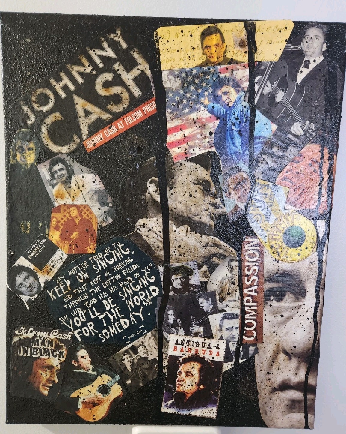 Large Johnny Cash Acrylic Paintin Collage Art. Heavily Textured & Burned! 16X20