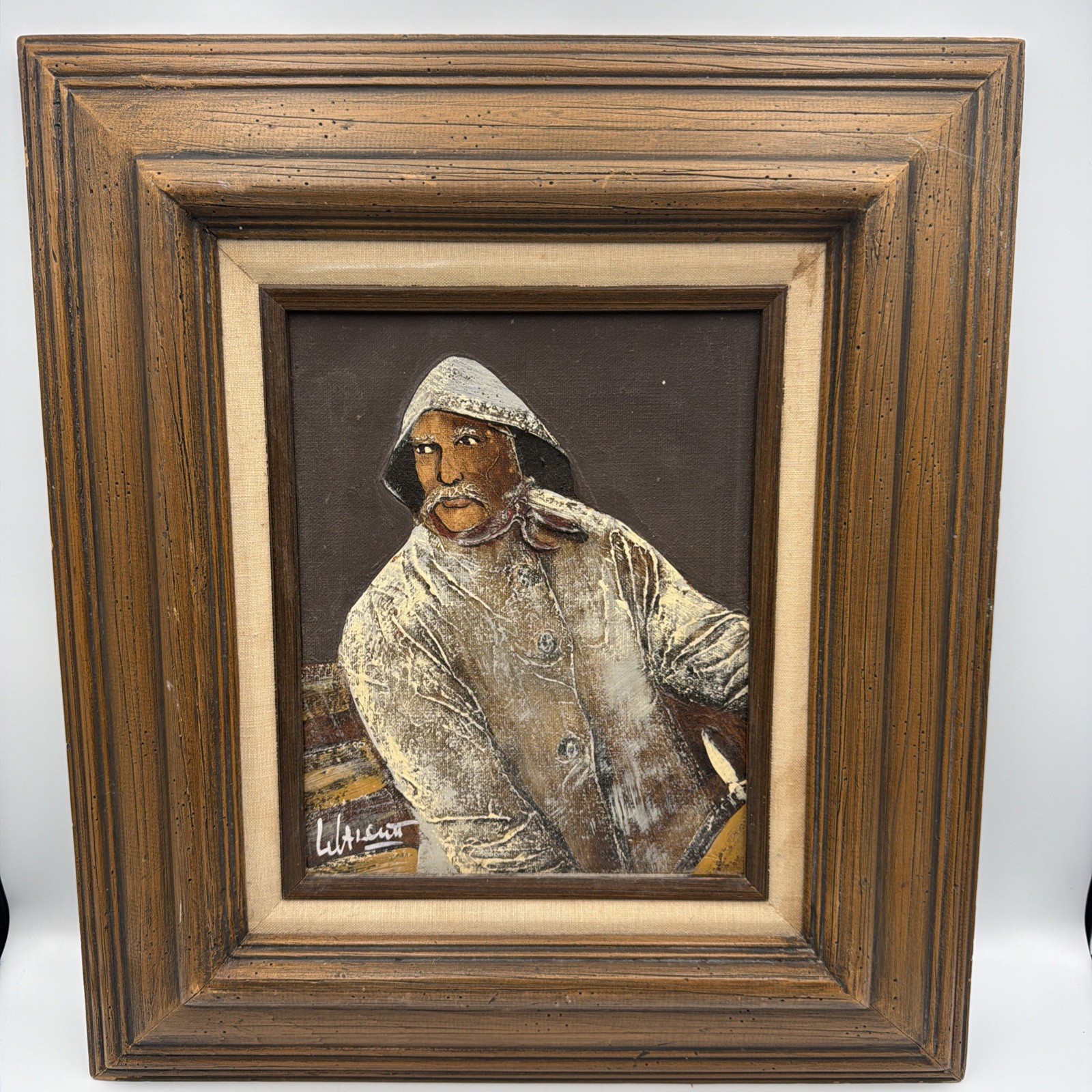 1981 Frank Walcutt Framed Textured Oil Painting Fisherman? 16″ x 19″ Frame