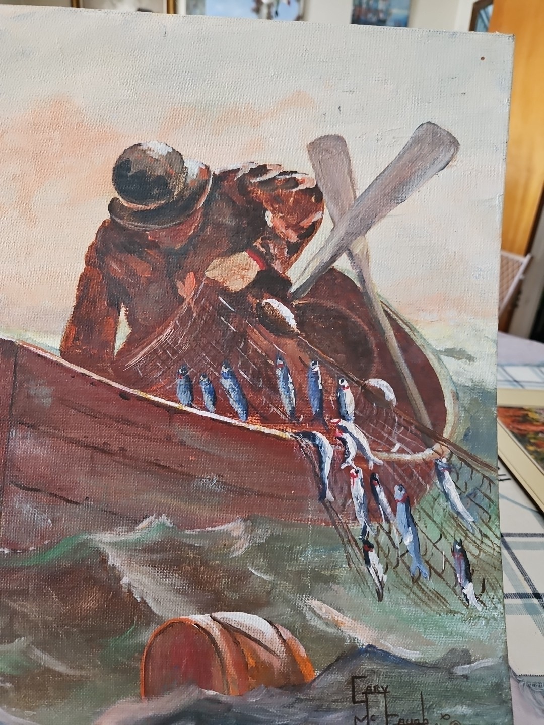 VTG 1981 The Herring Net Winslow Homer Oil Painting Copyist Signed Gary Mc Gaugh