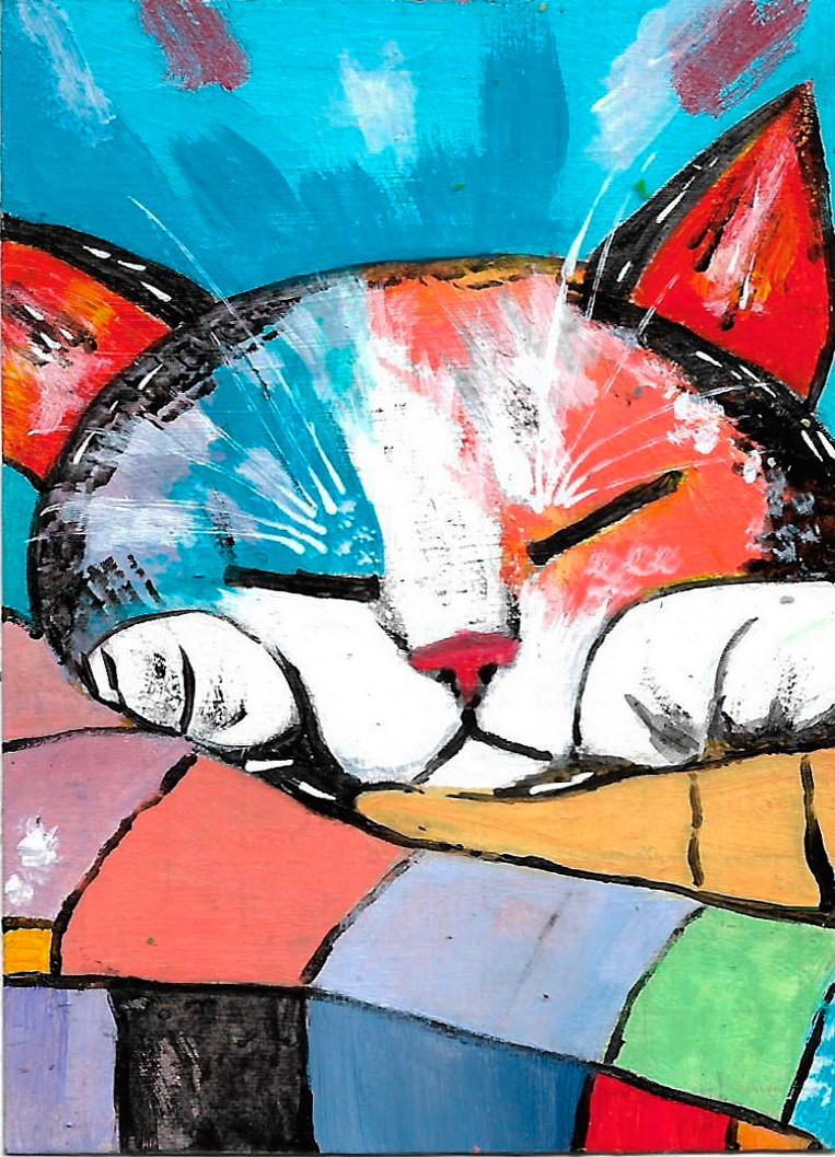 ACEO Original Painting Art Card Acrylic Sleeping Cat 100% Hand Painted