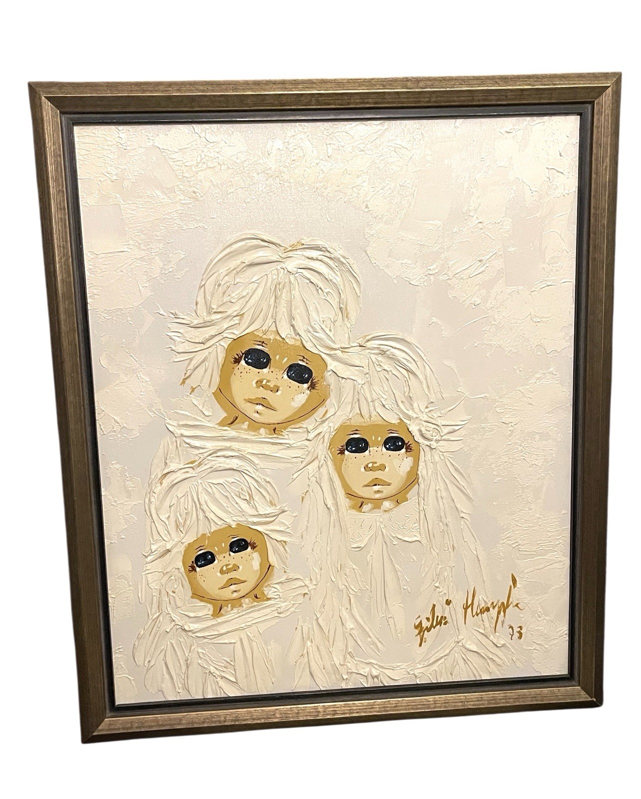 Original BIG EYES WAIFS Three Girls Abstract Acrylic Framed Signed Painting 1973