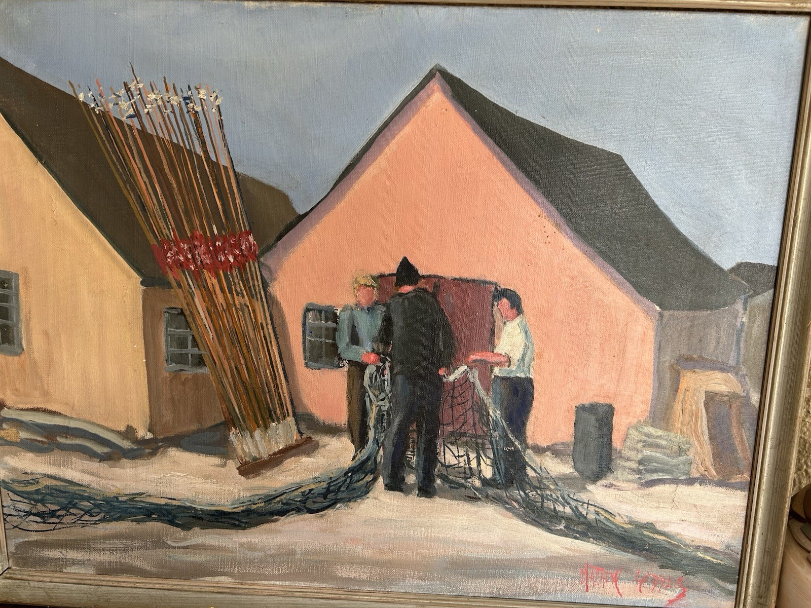 New Jersey Artist Matthew Geddes (b. 1889) Fishing Nets Village Modernist Oil