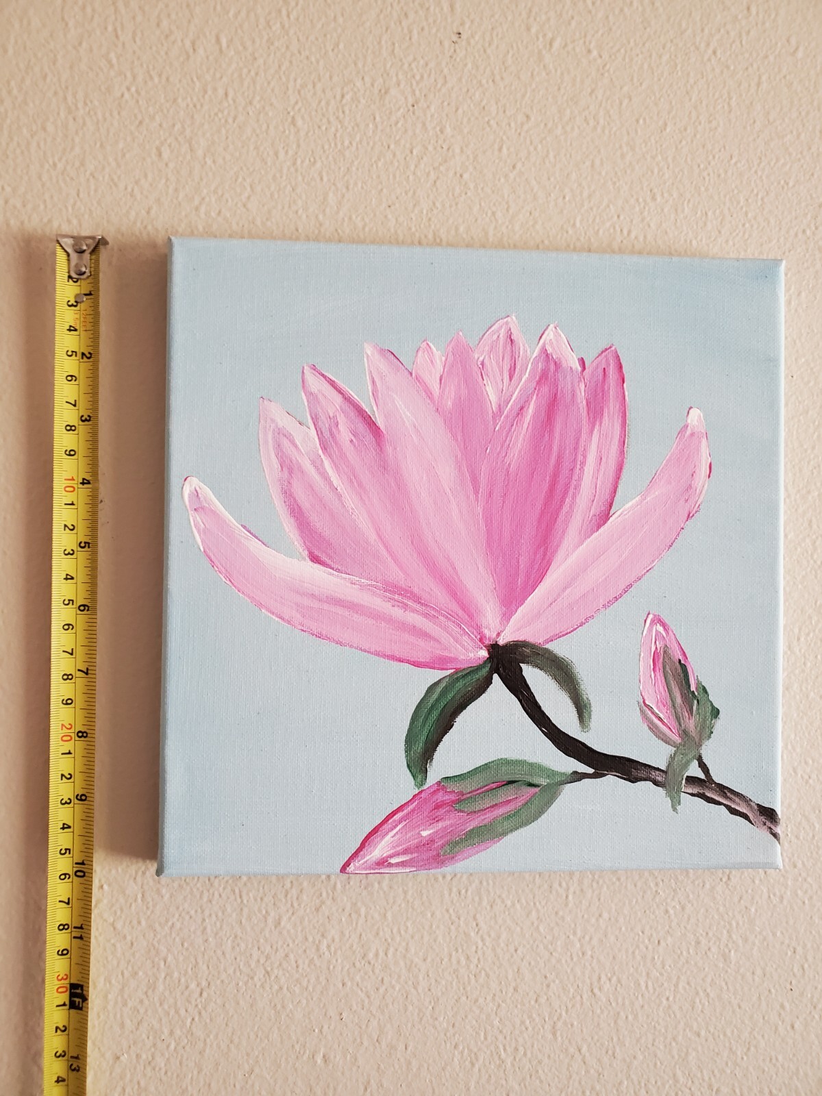 Handmade Acrylic Painting Wooden Frame 10×10 Art Decor Flowers Magnolia Pink