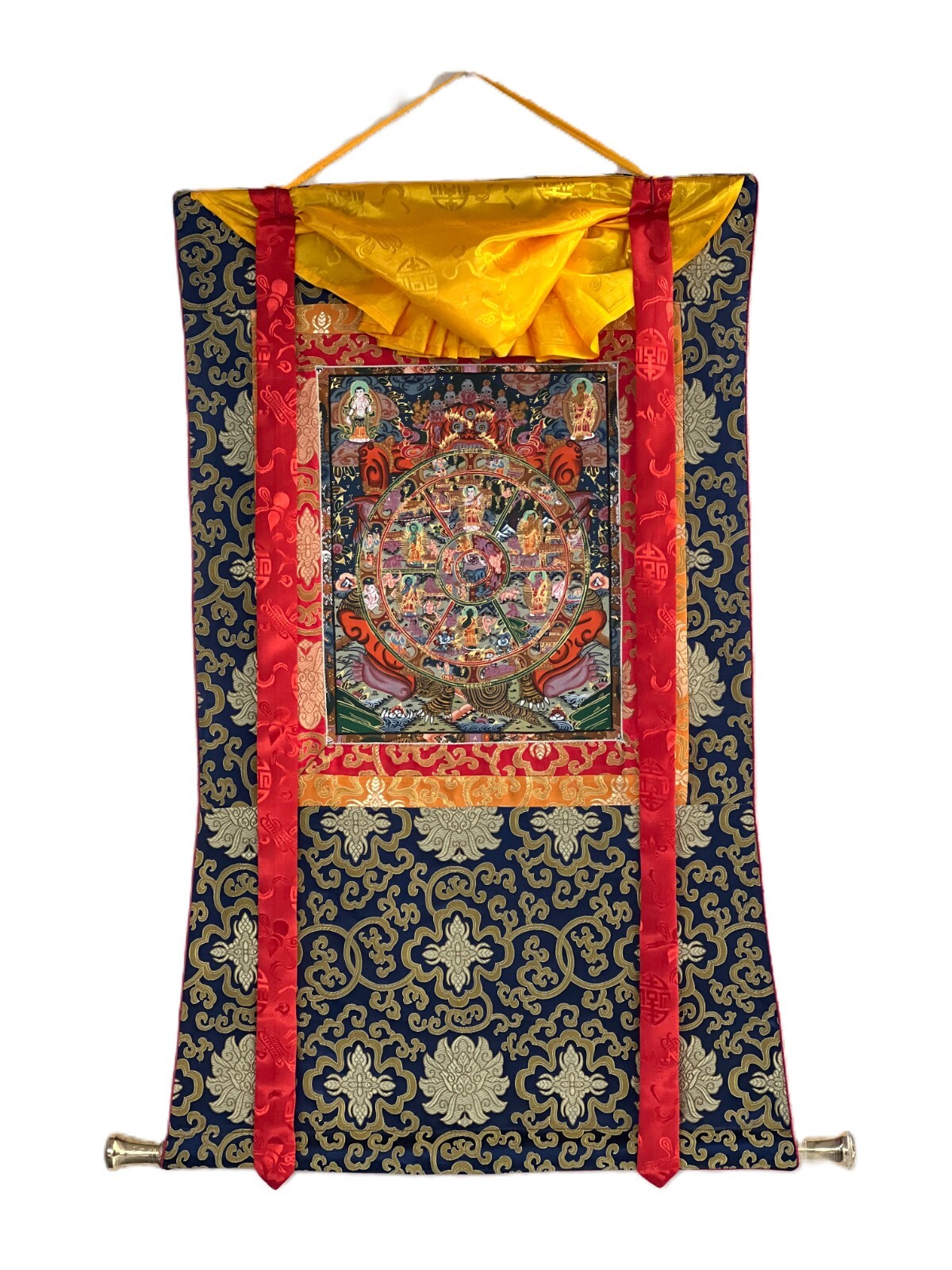 WHEEL OF LIFE BUDDHA MANDALA ORIGINAL TIBETAN THANGKA PAINTING WITH SILK BROCADE