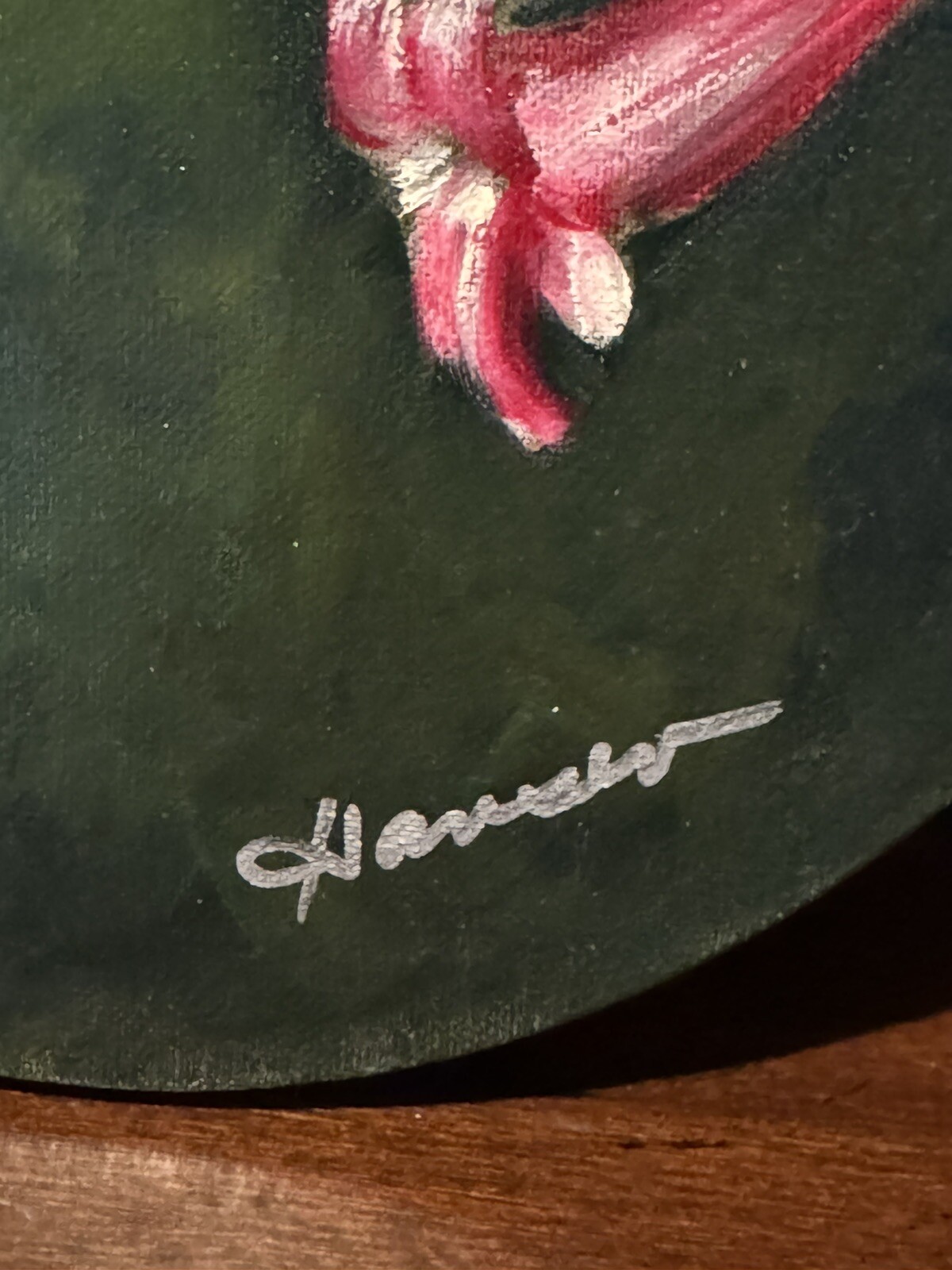 Oval Hummingbird Hovering Over Pink Flowers Painting, Signed, 11”x14”