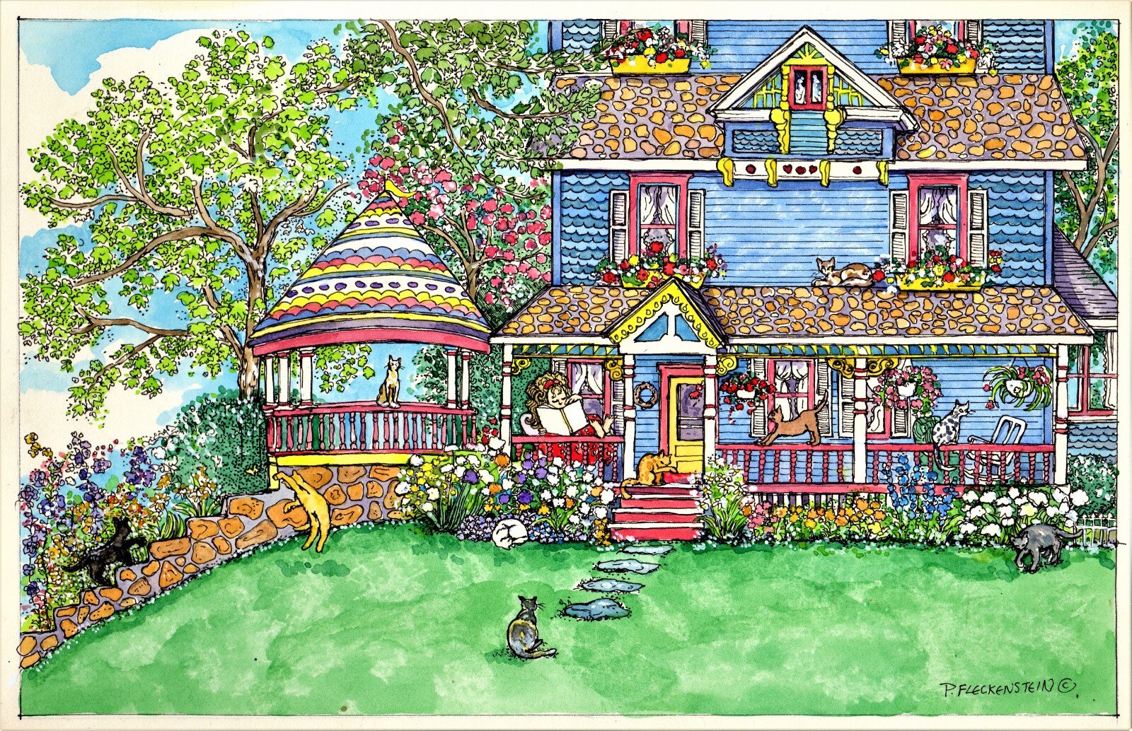 Whimsical Art Victorian Cottage «House Of Cats» colorful watercolor 12×18 Print