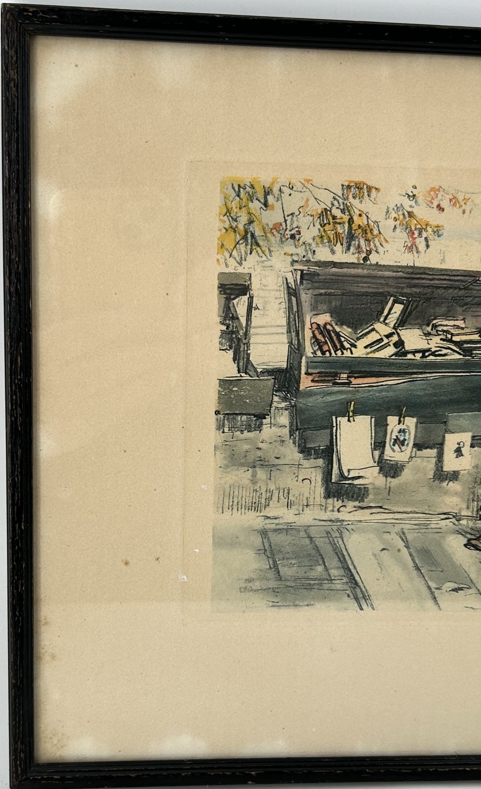 Antique PARIS STREET SCENE Colored Drawing by Paris Artist EUGENE VEDER