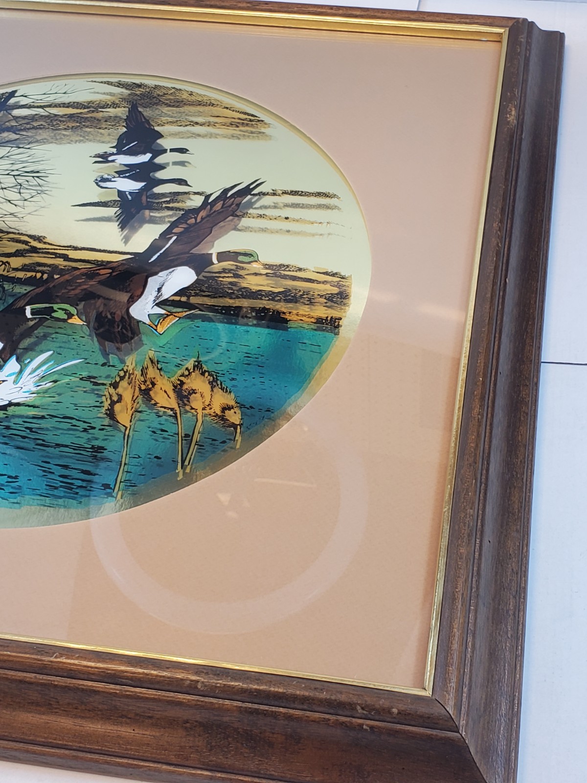 VTG Jim Roslof Framed Reverse Glass Painting Ducks In Flight Wildlife 1970’s