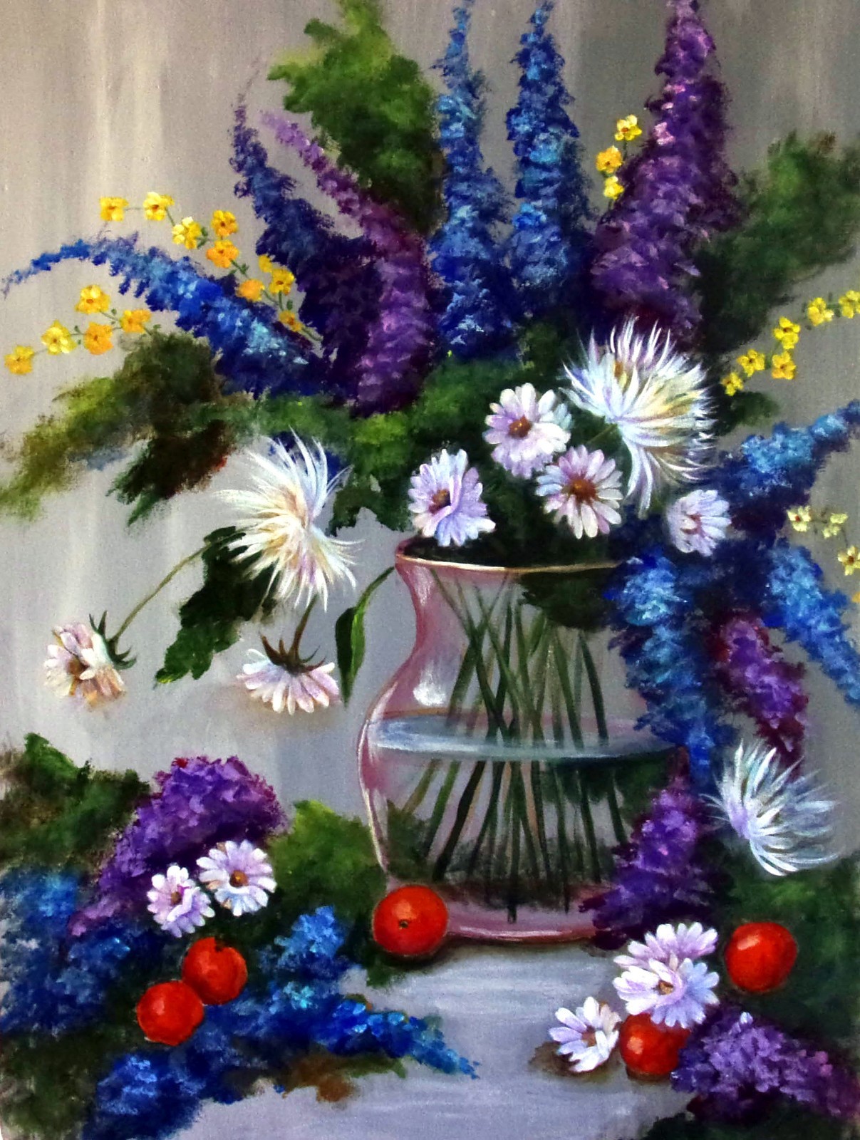 Clear vase of colorful flowers 12 x 14″ print on linen card stock