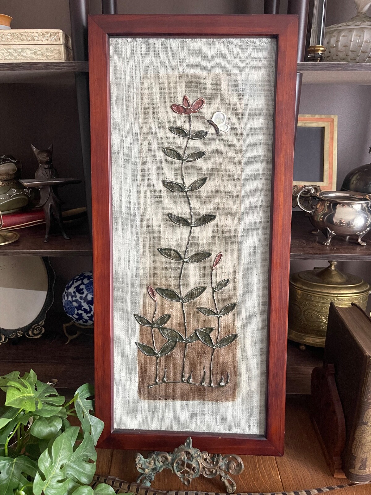 Vtg Painting on Burlap Flowers Butterfly Professionally Framed in Cherry Wood