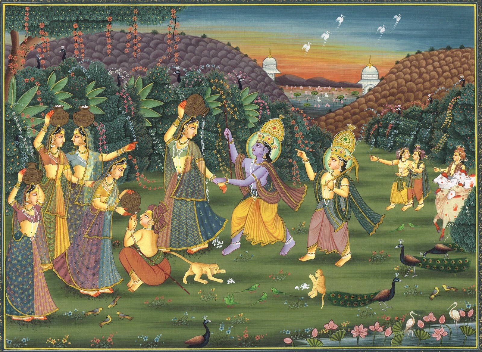 Handmade Krishna Radha Painting Of Hindu Religious Art On Cloth 17.5×13.5 inches