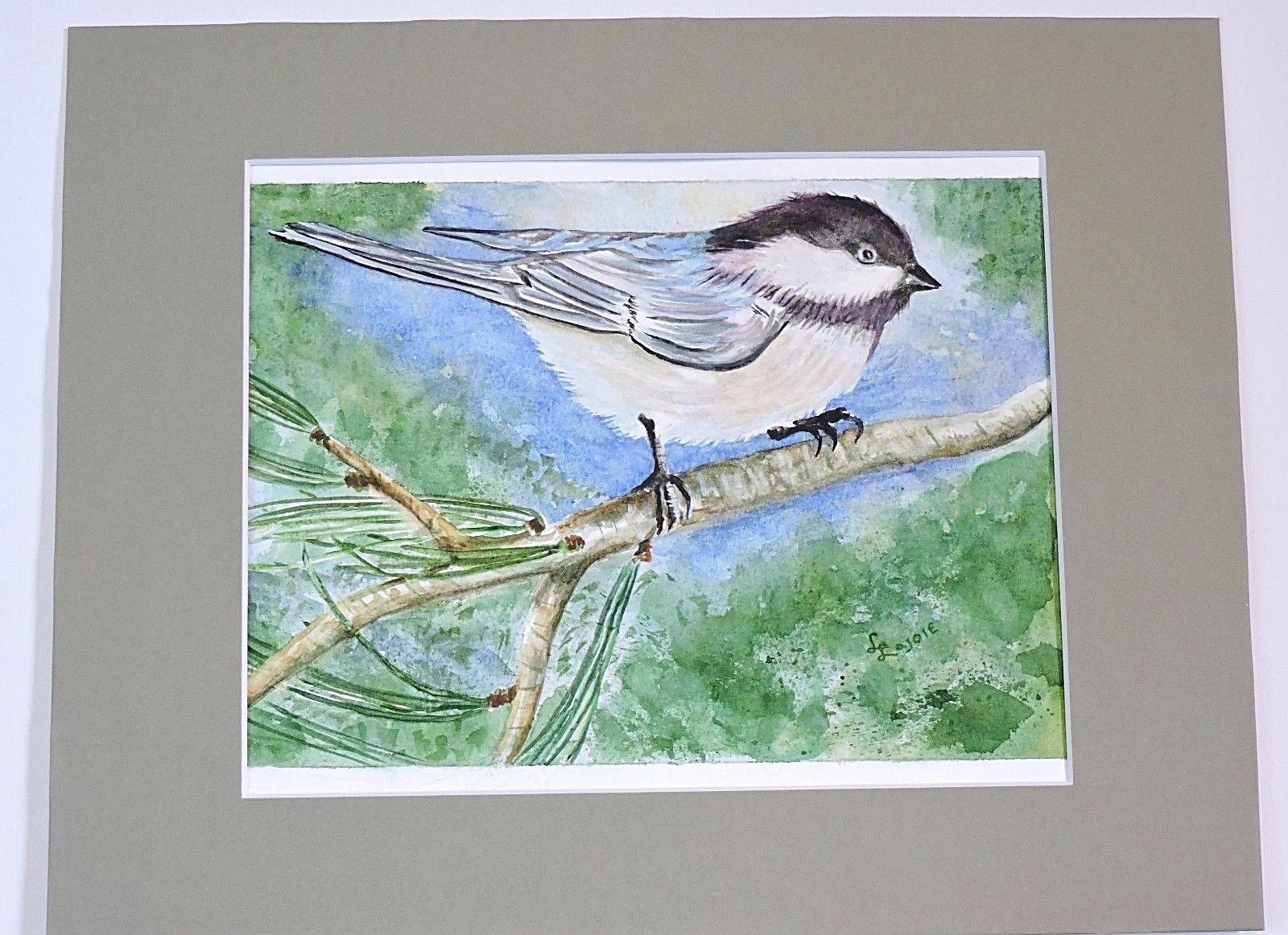 Chickadee on a Branch, Original Watercolor, 8 1/2 x 11 1/2 with 11×14 Gray Mat