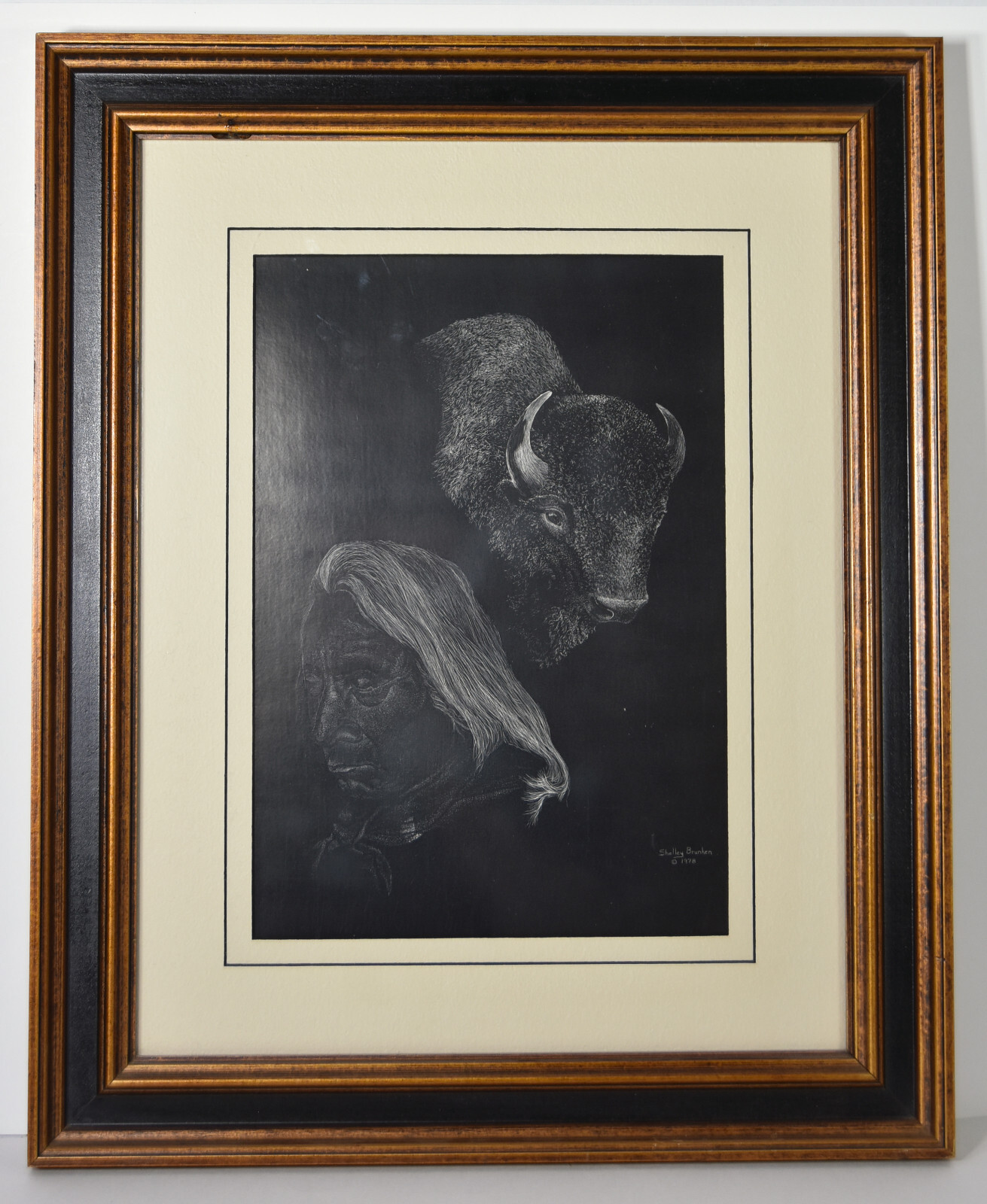 13″ Shelley Brunken Art Scratchboard Drawing Paper Buffalo Native Indian Decor