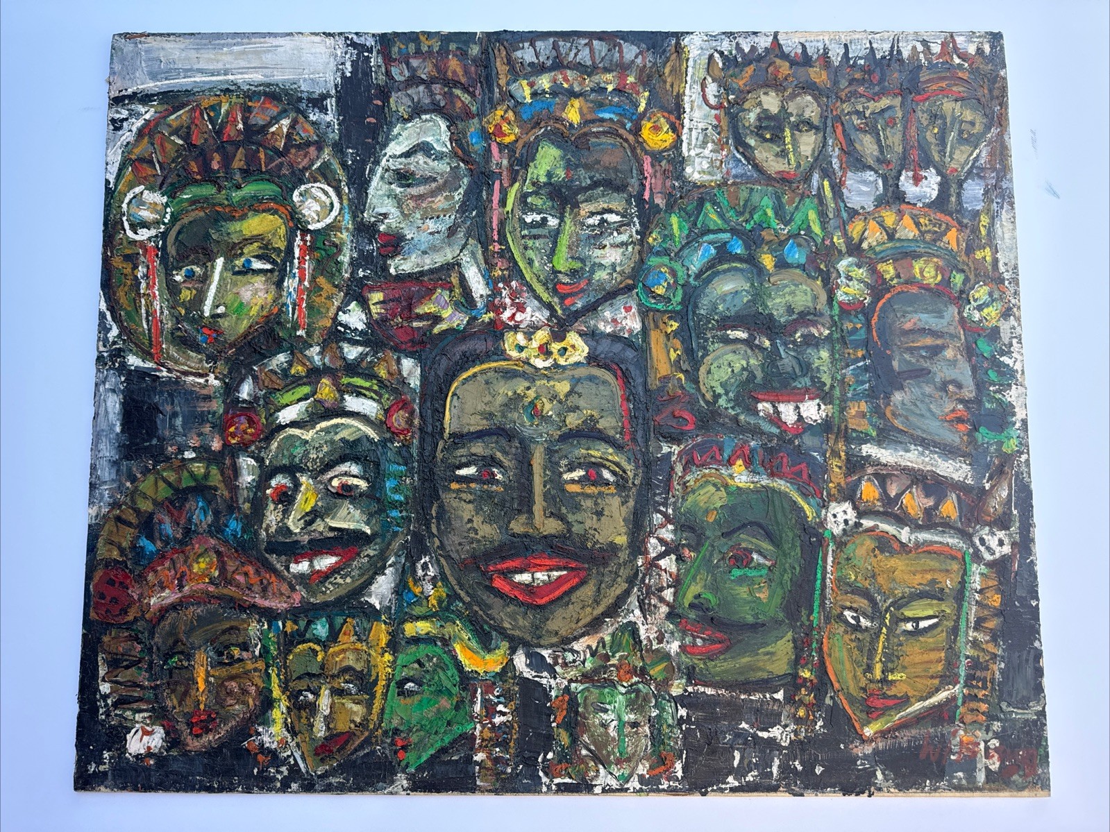 MID CENTURY PAINTING PORTRAIT ABSTRACT MODERNIST FACES HEADS ASIA INDIA MYSTERY