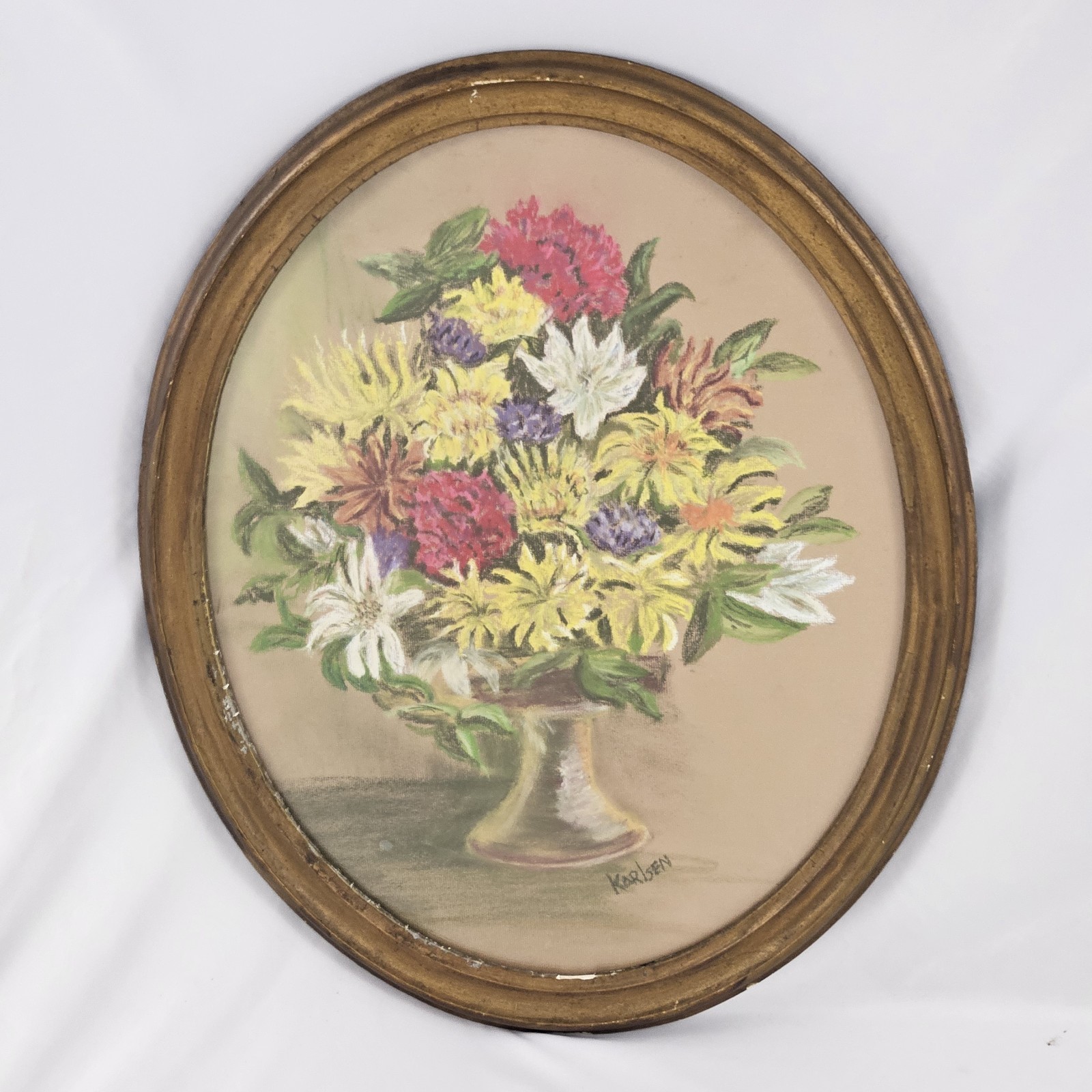 Vintage Floral Pastel Still Life Painting Oval Wood Framed Victorian Signed
