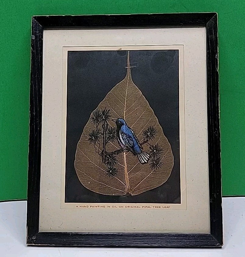 5″ X 7″ Hand Painting In Oil On Pipal Tree Leaf In 8″ x 9.5″ Frame.