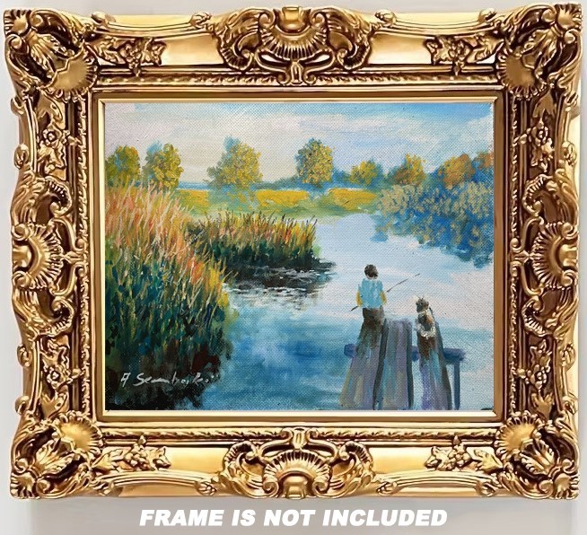 Original Oil Painting River Landscape Fisherman Dock Impressionist Art 12×16