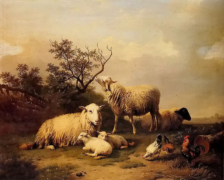 Oil painting sheep with resting lambs and poultry in a landscape with cock lamb