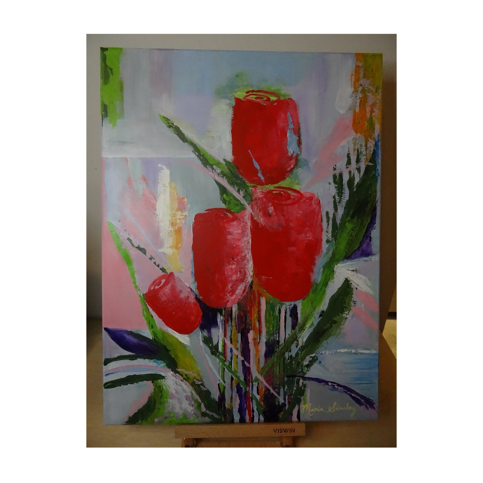 Maria Sanchez Original Abstract Red Flowers acrylic Painting on Canvas, 18”x24”