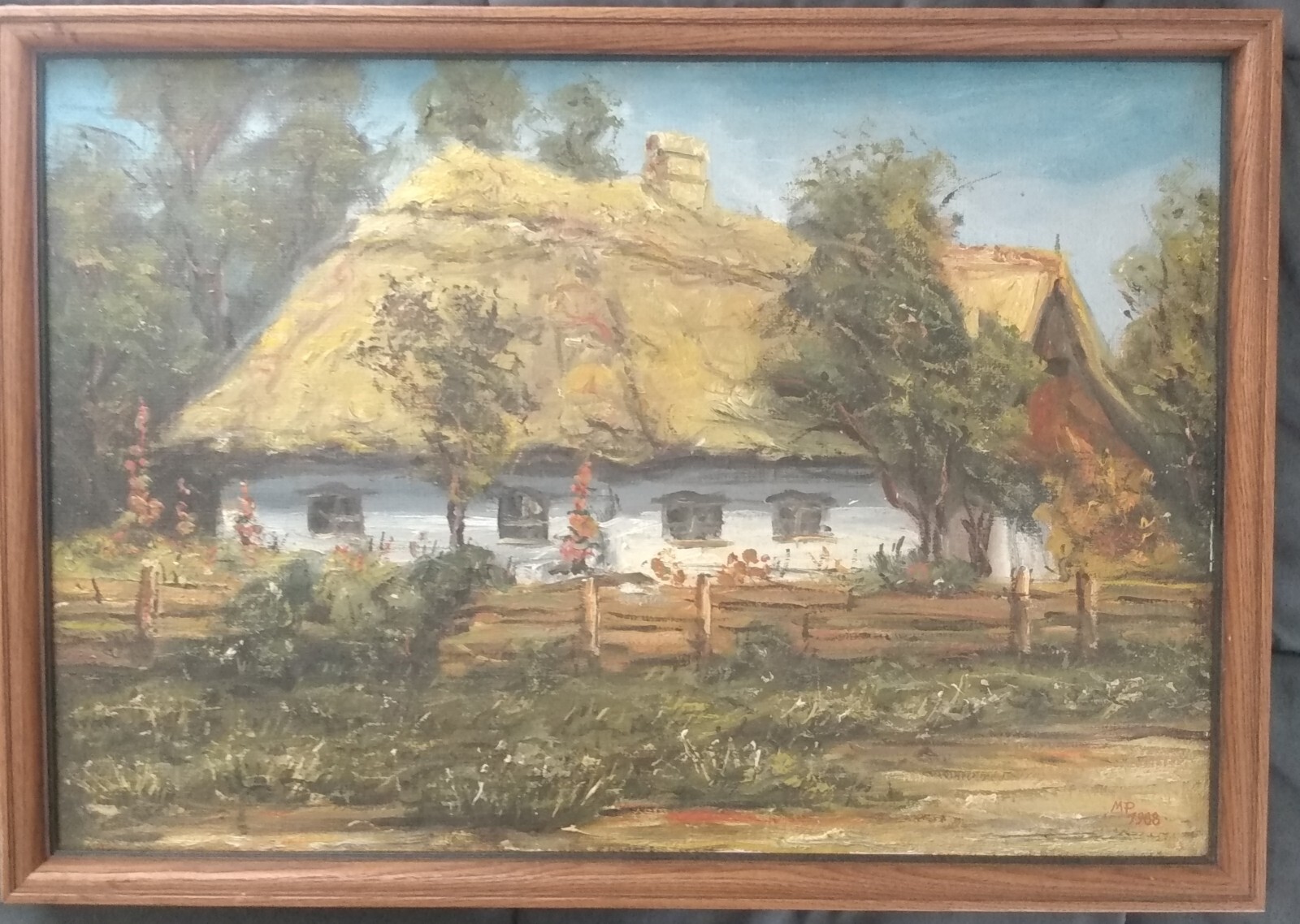 M.P./Original Oil Painting/1988/Rural Scene/Folk Art/Outsider/Cottage/Signed