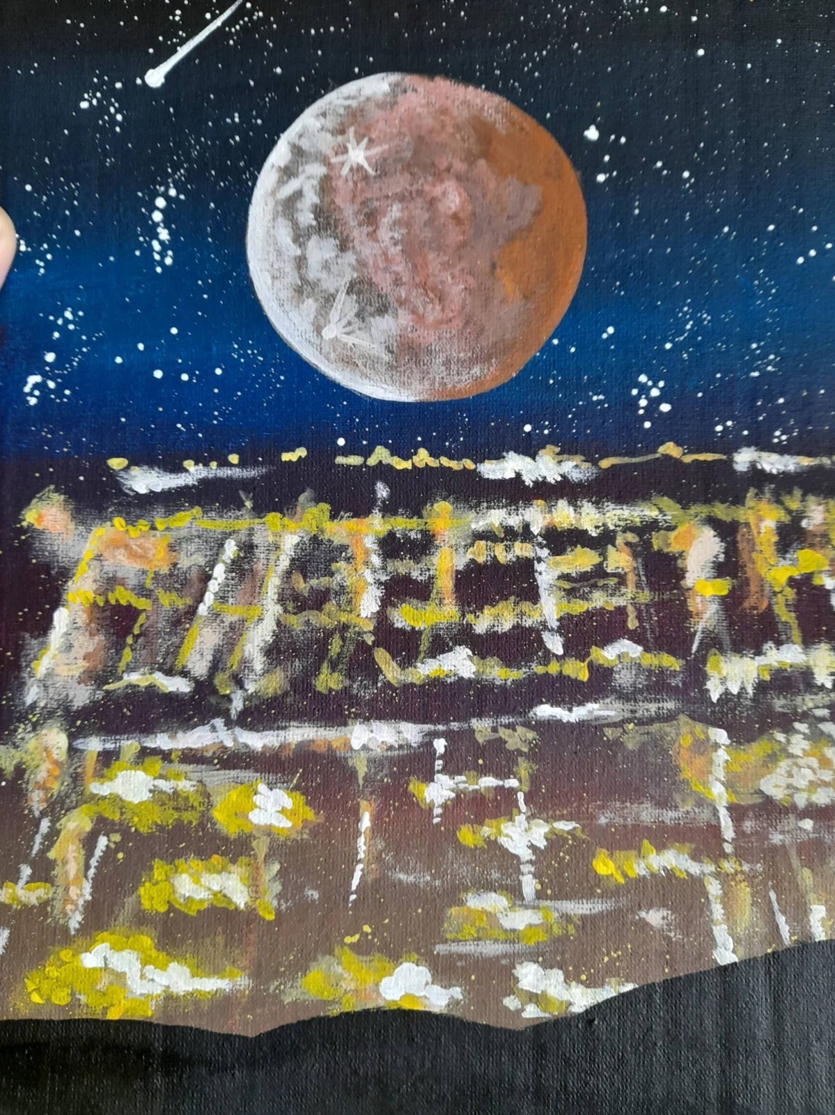 Original Painting Full Moon Big City İstanbul Turkiye sky night Art Signed