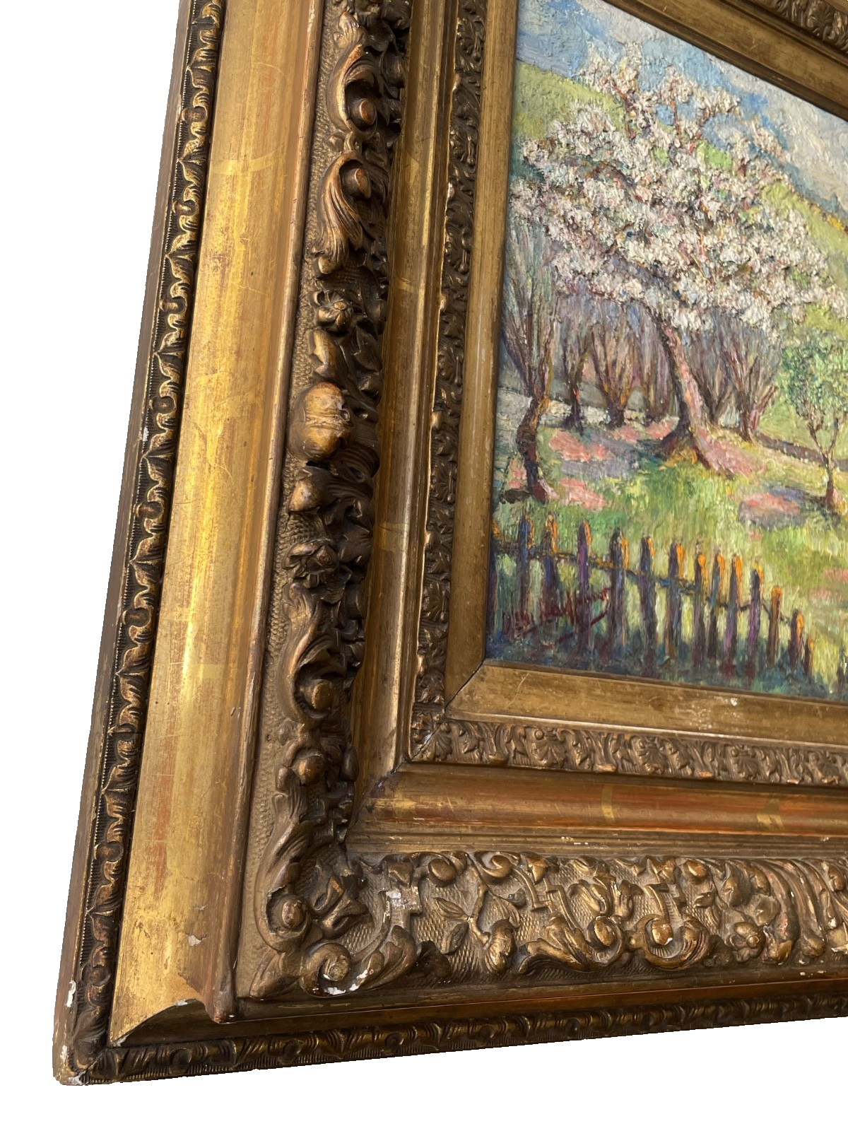 Antique Impressionist Oil Painting Panel Manner Pissarro Countryside in Spring