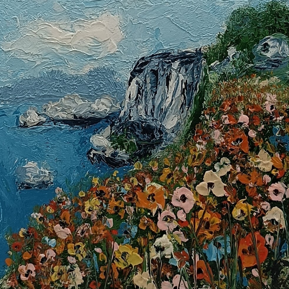 Original Coastal Floral Oil Painting Framed Miniature Seascape Impasto Art