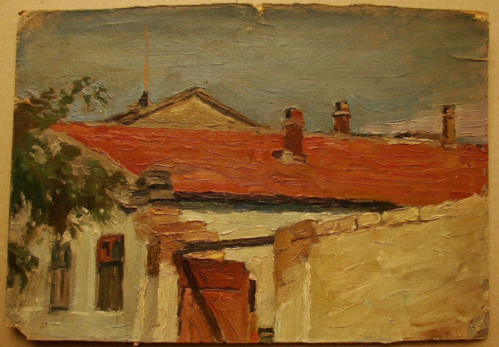 Ukrainian Soviet Oil Painting realism architecture roof old house 1950s