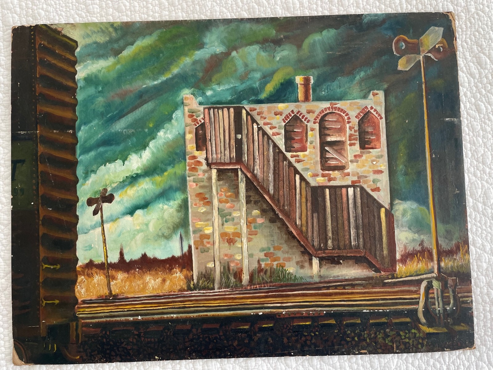 Vintage HAND PAINTED ART Signed Bill Tiell Cleveland OH RAILROAD TRACK House Sig