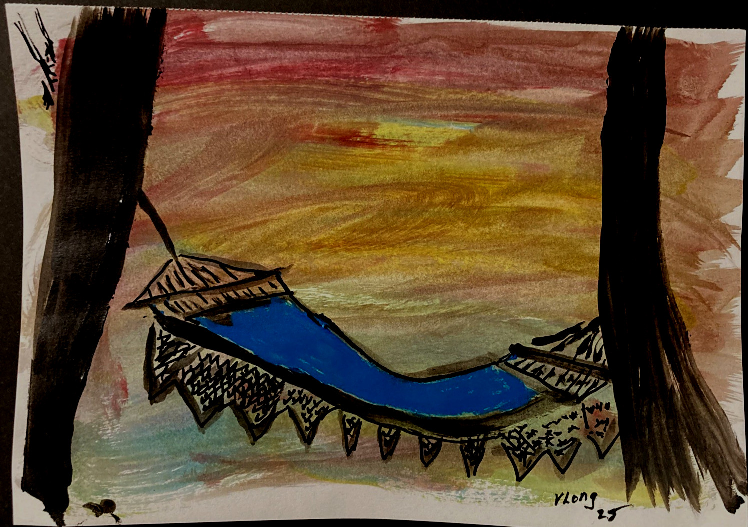 Original Art Beach Sunset from Hammock 10 X 7 Abstract Expressionist Painting