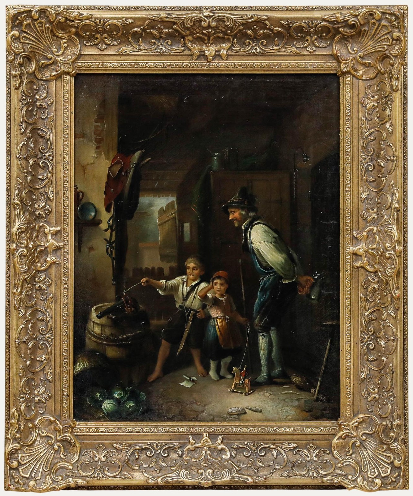 German School 19th Century Oil – Playing with Firearms