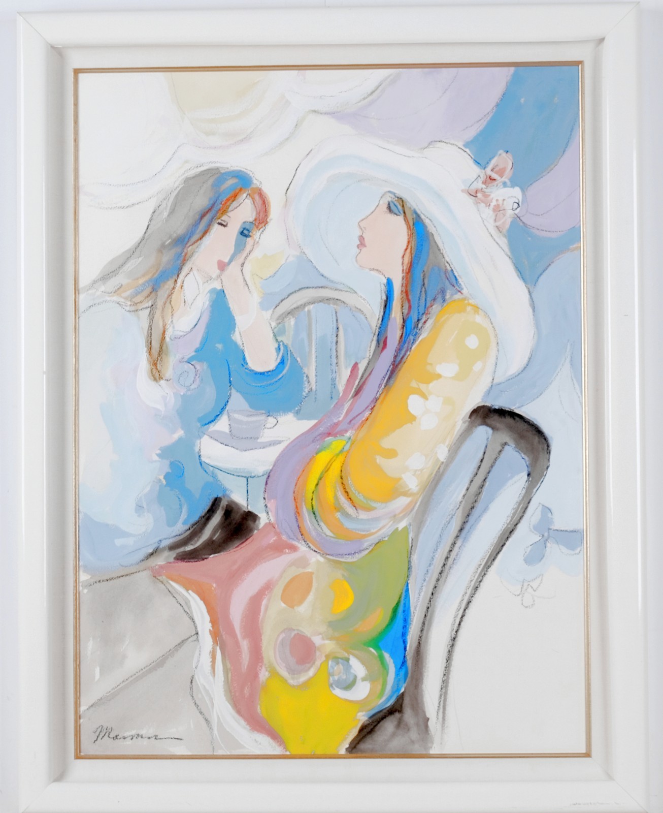 1980s Isaac Maimon «Lisa & Friend» Unique Original Mixed Media Painting Framed