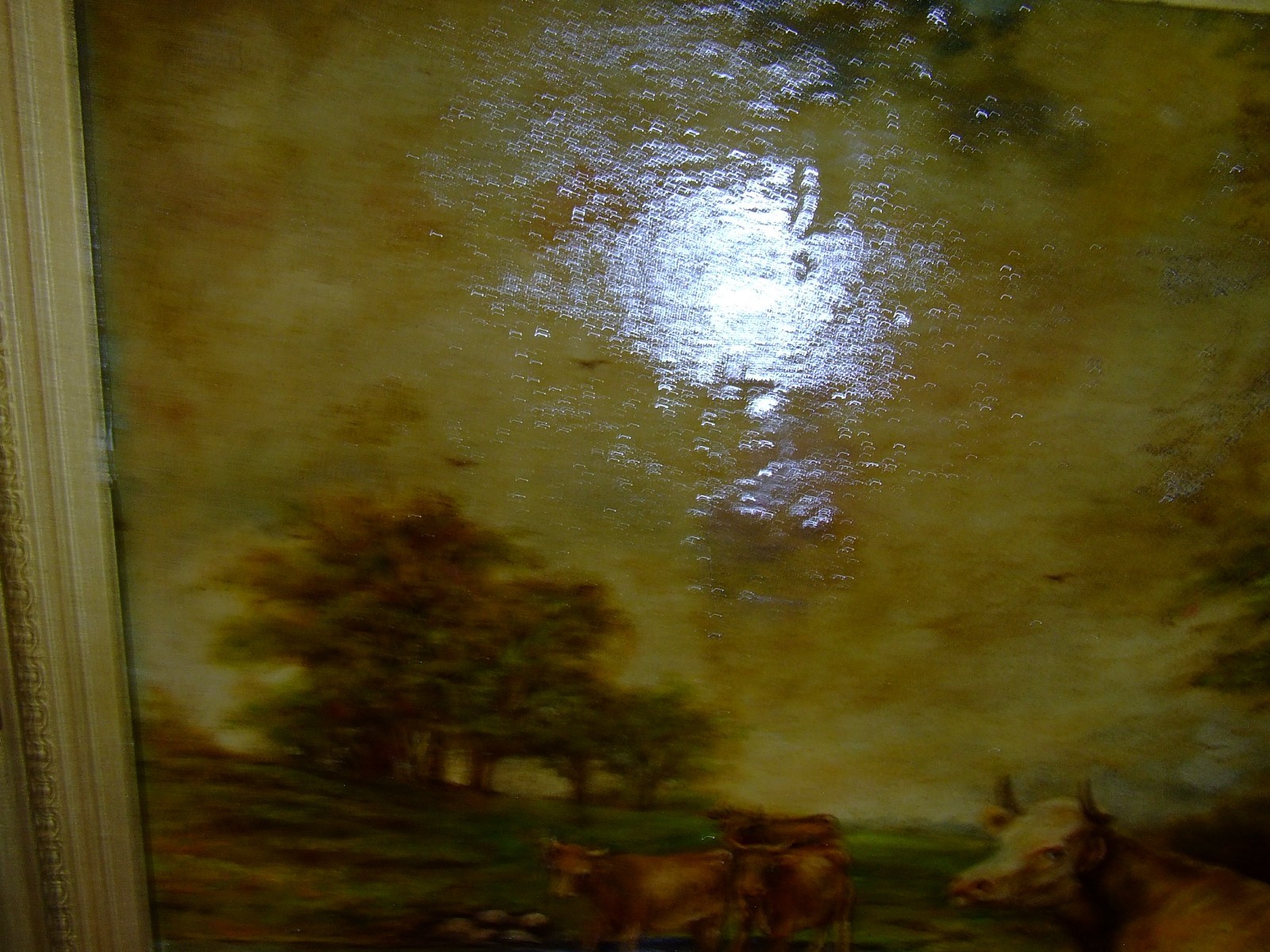 Antique 19th C. Landscape Gathering Watering Cows Oil on Board Gilt Ornate Frame