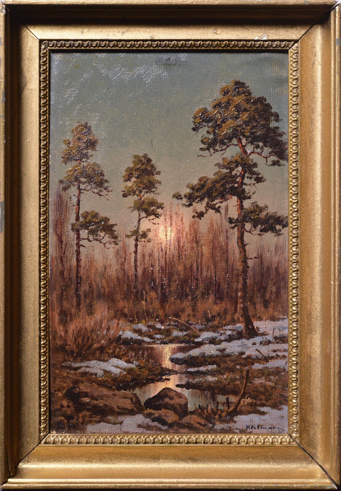 Winter forest at sunset Vertical landscape Oil painting Signed by Heilmann