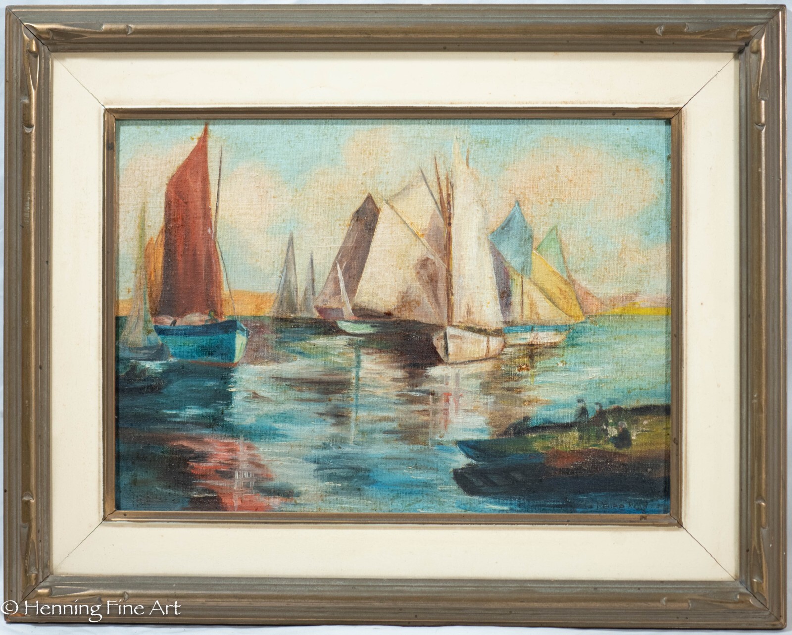 Antique Impressionist Oil Painting by Renee Ring of Sailboats, Fine & Framed!