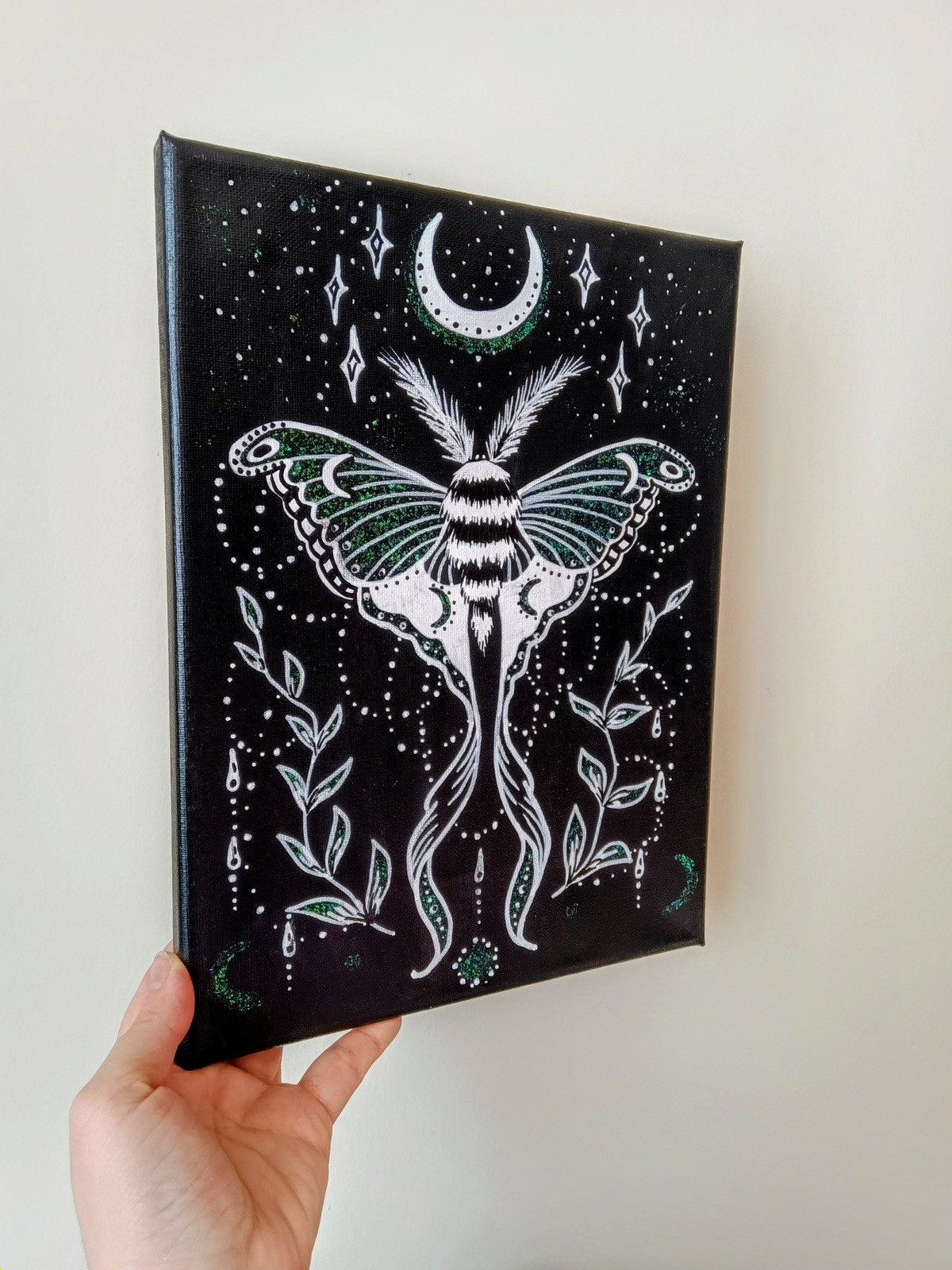 Luna Moth Painting, Witchy Gothic Wall Art, Occult Black Artwork, Original 9×12