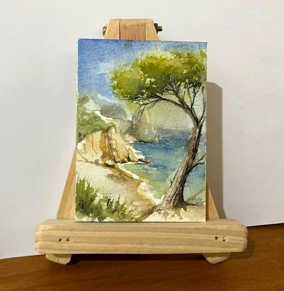 Original Watercolor Painting ACEO OOAK Coastal Cliff Lone Tree Seascape Art
