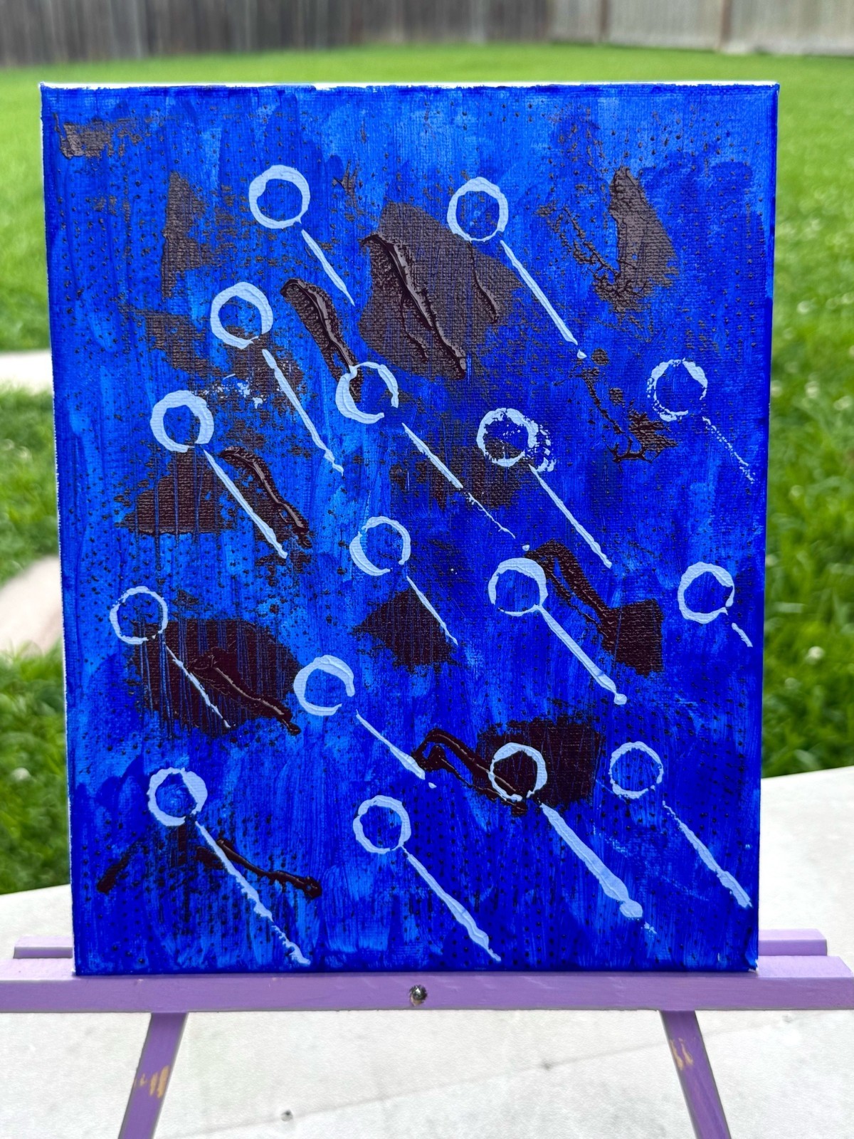 «Balloons» 7.5 in x 10 in Blue and Red Small Abstract Acrylic Painting