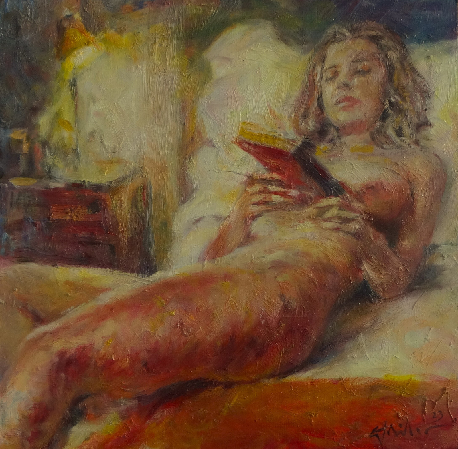 GERRY MILLER – Original Artwork «Reading Time» Oil Paint on Cardboard.40x40cm